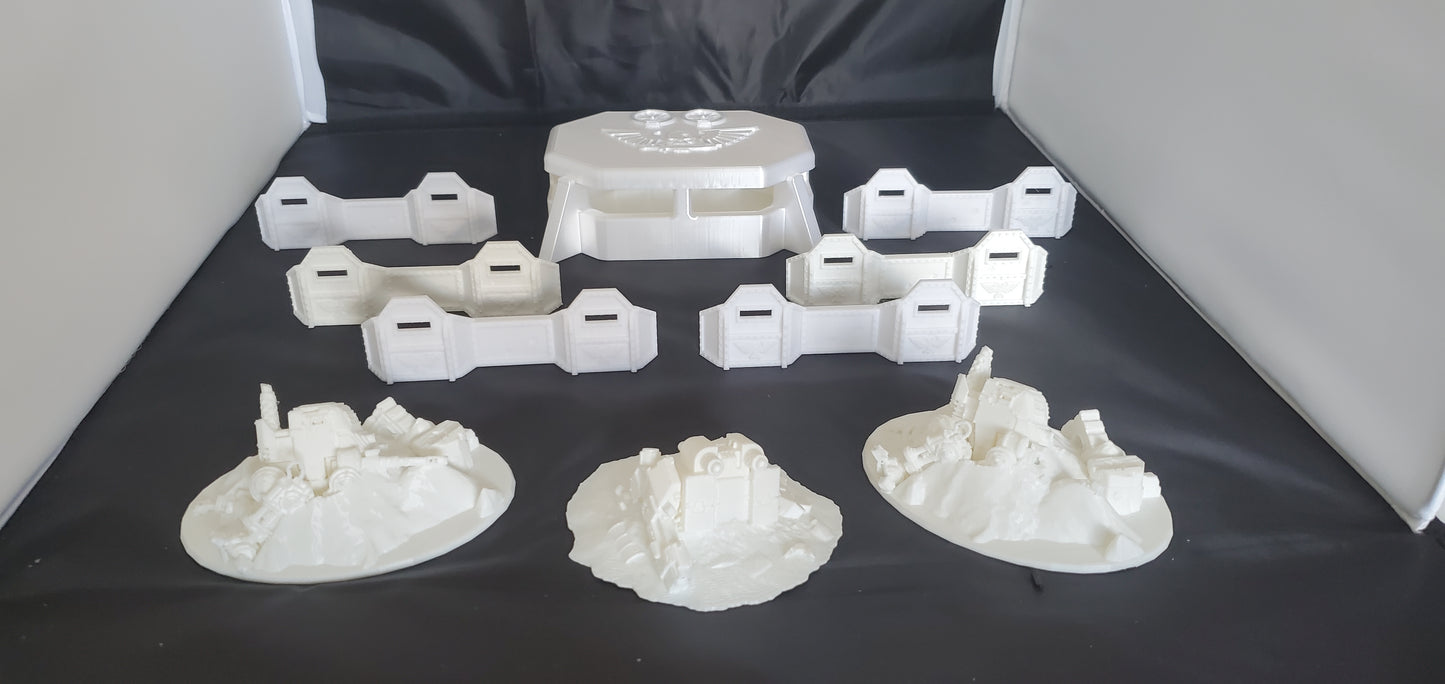 Bunker hq barriers and wreaked vehicles for miniture gaming 40k