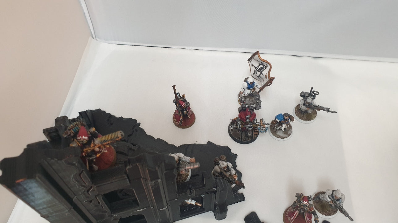 terrain scenery in black can be used for any minuture gaming 2 buildings 3 sandbags 1 wreaked rhino 2 wreaked dreadnought ruins