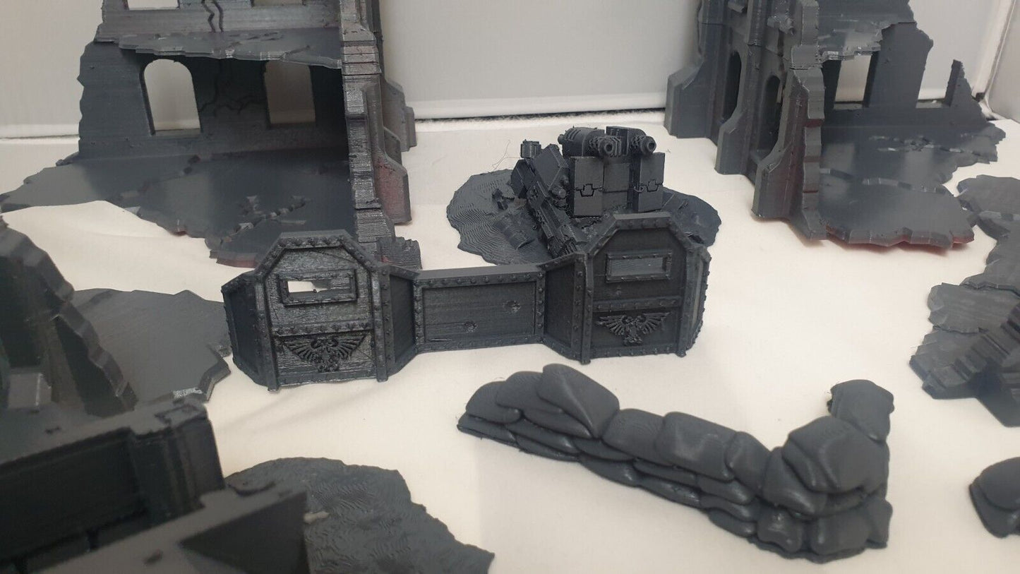 terrain for mini gaming like 40k Mix Of Different Buildings Sandbags Bunkers Defence Walls