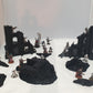 terrain scenery in black can be used for any minuture gaming 2 buildings 3 sandbags 1 wreaked rhino 2 wreaked dreadnought ruins