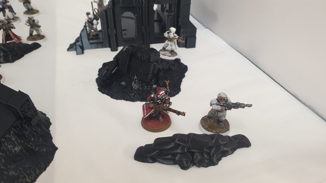 terrain scenery in black can be used for any minuture gaming 2 buildings 3 sandbags 1 wreaked rhino 2 wreaked dreadnought ruins