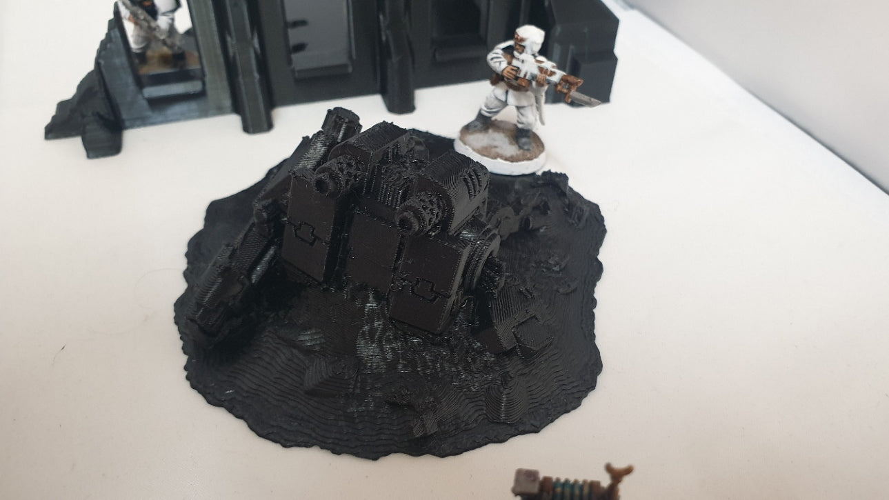 terrain scenery in black can be used for any minuture gaming 2 buildings 3 sandbags 1 wreaked rhino 2 wreaked dreadnought ruins