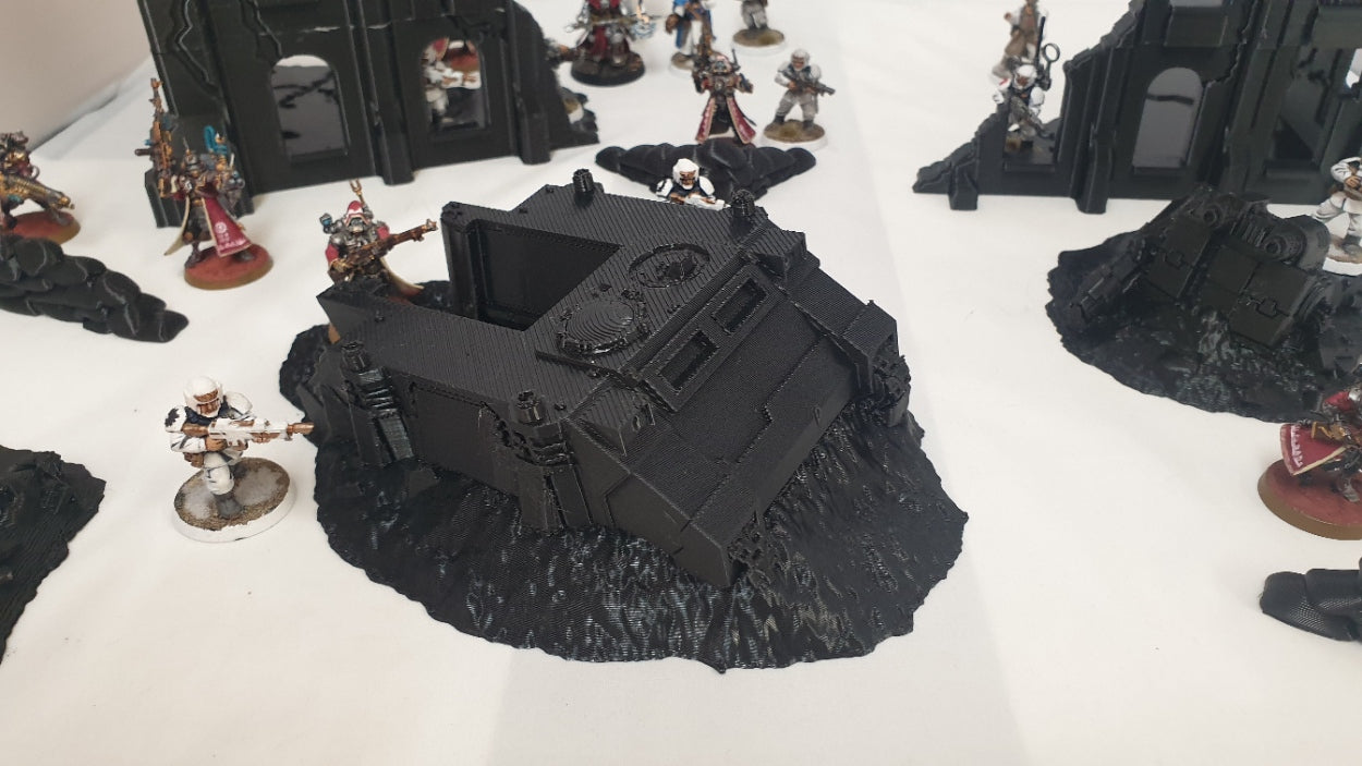 terrain scenery in black can be used for any minuture gaming 2 buildings 3 sandbags 1 wreaked rhino 2 wreaked dreadnought ruins