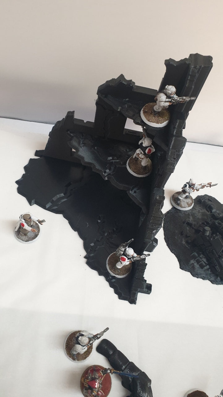 terrain scenery in black can be used for any minuture gaming 2 buildings 3 sandbags 1 wreaked rhino 2 wreaked dreadnought ruins